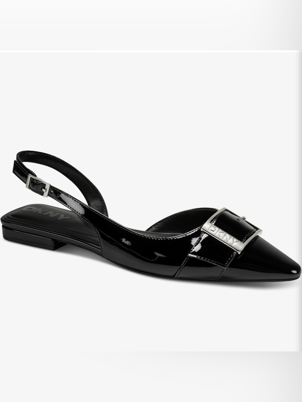 DKNY Black Patent Slingback Flat with Logo Buckle